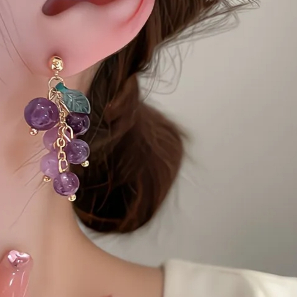 Purple Grape Cluster Dangle Earrings - Picture 2 of 3